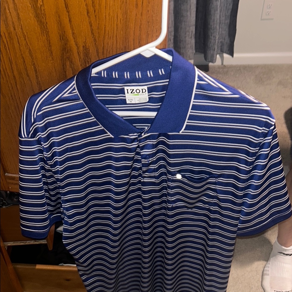 Izod Men's Navy and White Striped Polo Shirt